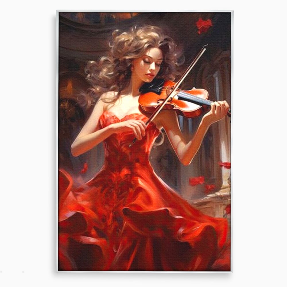 Tablou canvas cu tablou canvas cu femeie violonista, in rama de aluminiu argintiu